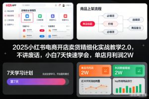 2025小红书电商开店卖货精细化实战教学2.0，不讲废话，小白7天快速学会，单店月利润2W-理想项目库